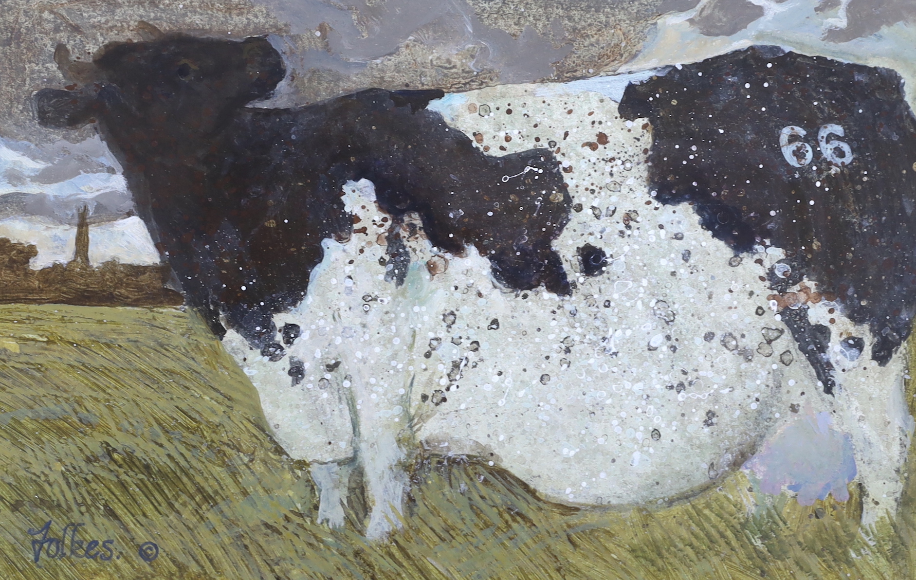 Peter L Folkes (1923-2019), acrylic, 'The cow that didn't want to be 66', signed, details verso, 15.5 x 25cm